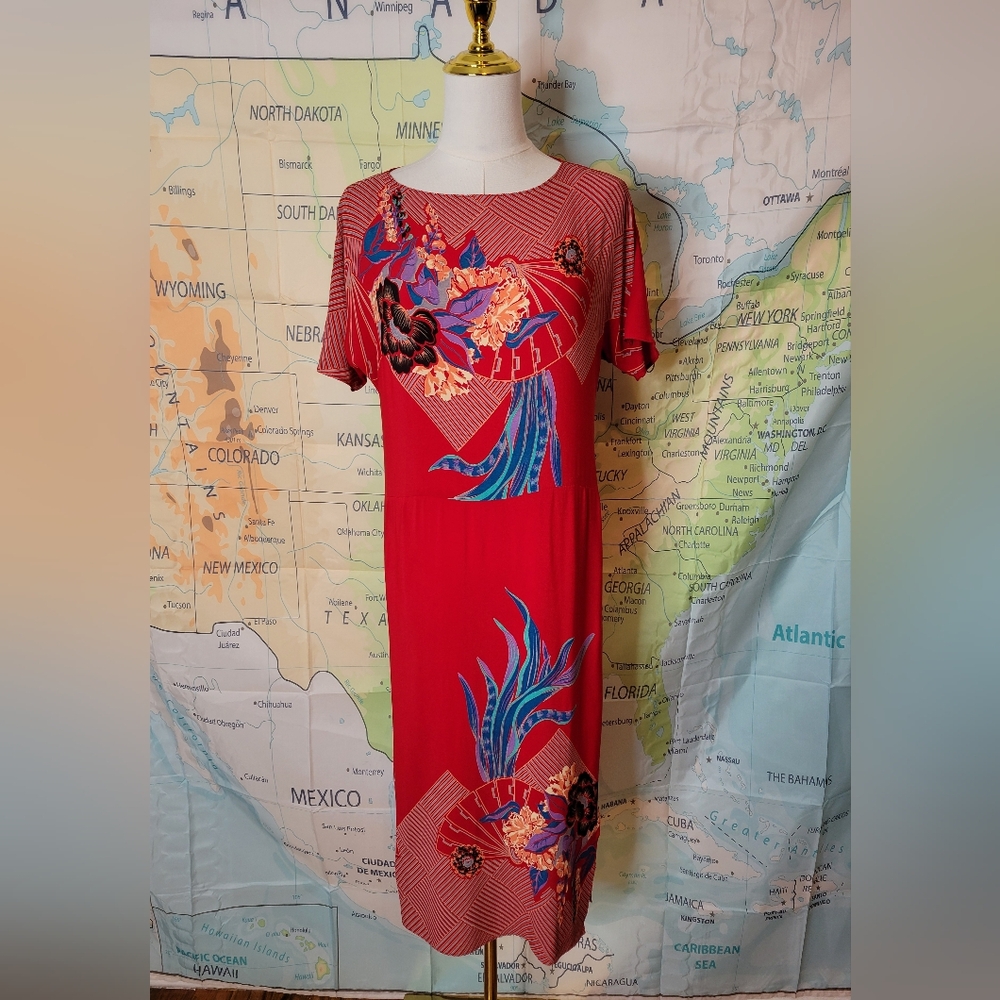 Lizzy & Johnny Silk Dress Red With Floral Asian Print Side Slit Slit Sleeves - Picture 1 of 16